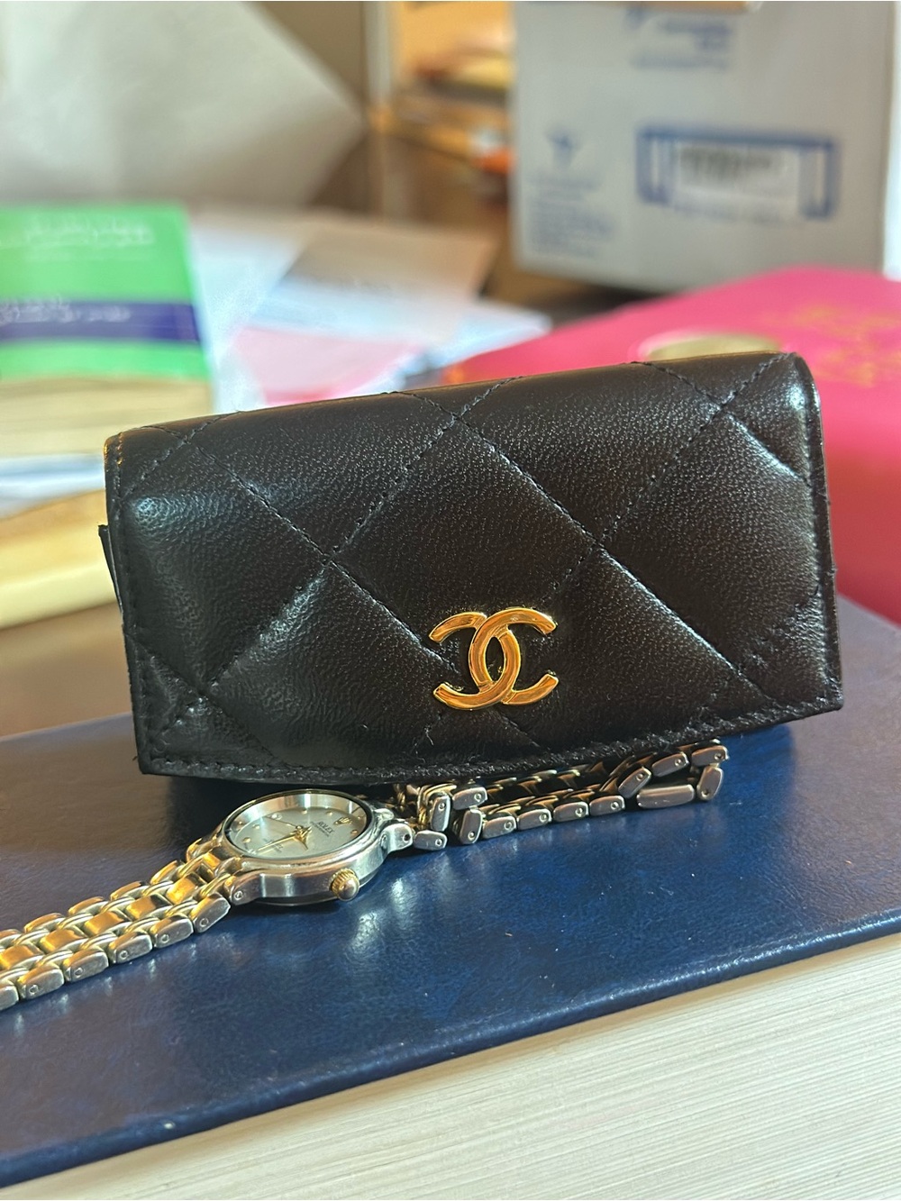 Quilted Black Leather Card Holder with Gold CC Logo